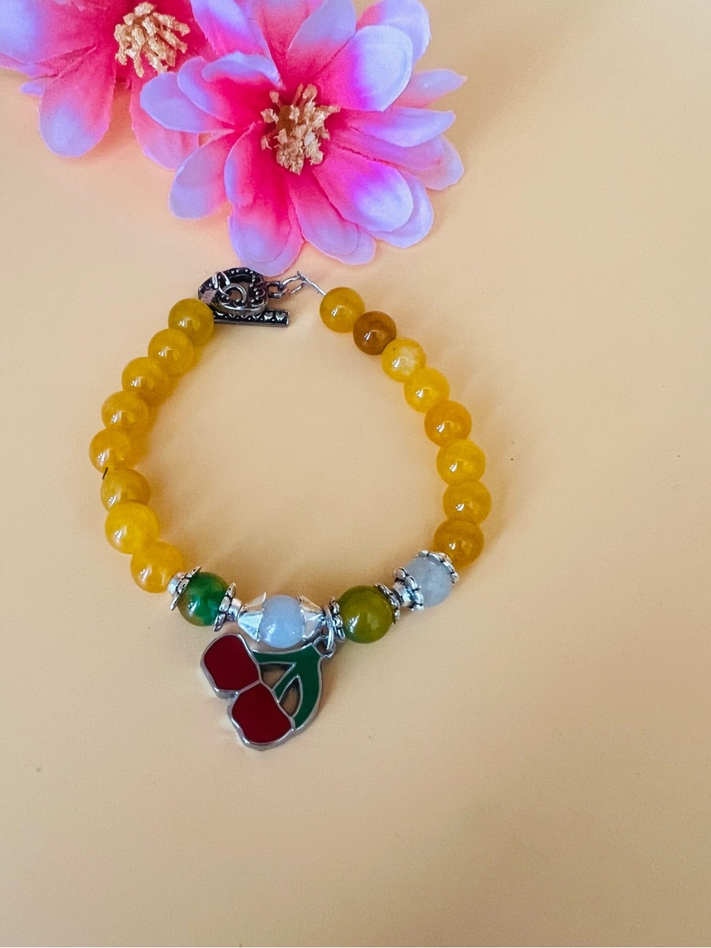 Yellow Beaded Cherry Charm Bracelet -